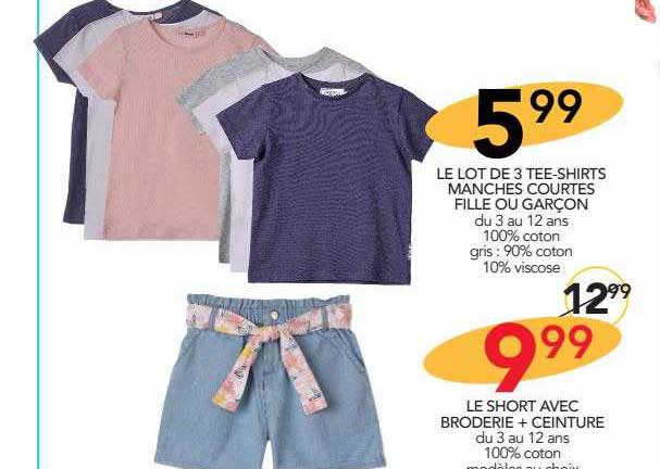 le lot de 3 tee-shirts manches courtes fille ou garçon, le short avec broderie + ceinture