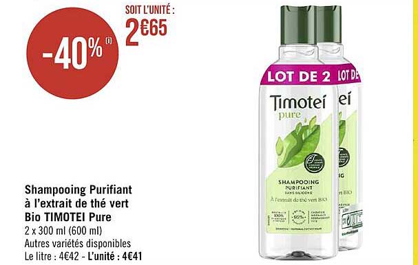 shampooing purifiant à l'extrait de thé vert bio timotei pure