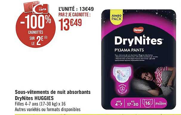 sous-vêtements de nuit absorbants dry nites huggies