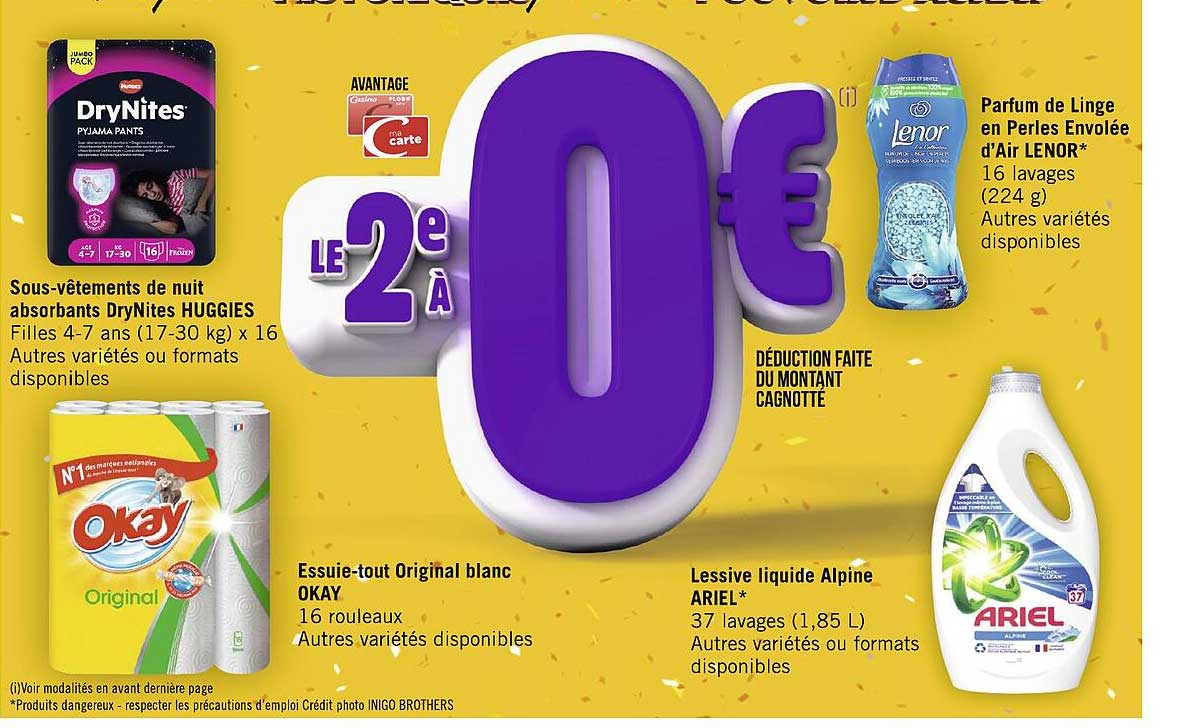 sous-vêtements de nuit absorbants drynites huggies, essuie-tout original blanc okay, lessive liquide alpine ariel, parfum de linge en perles envolée d'air lenor