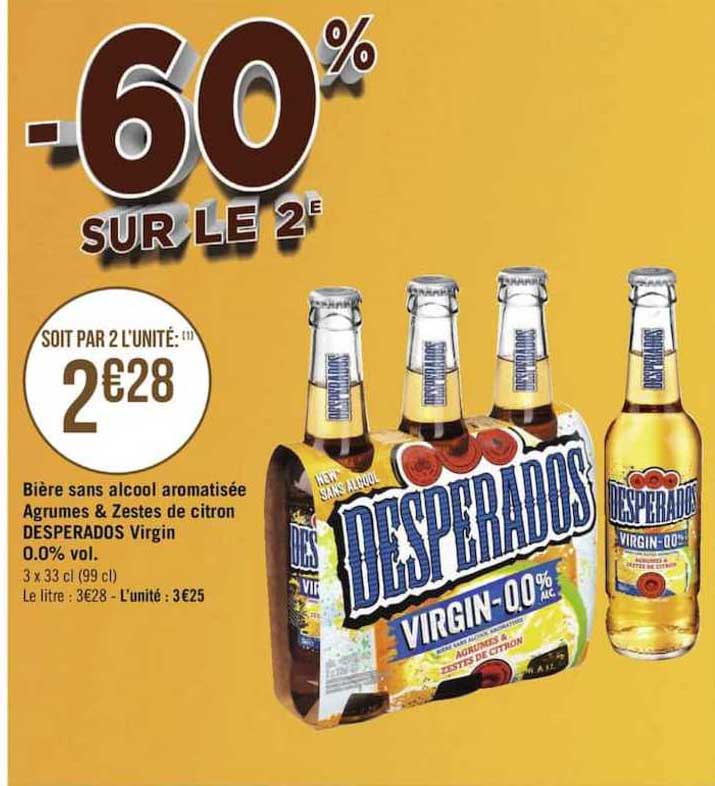 bière sans alcool aromatisée agrumes & zestes de citron desperados virgin 0.0% vol.