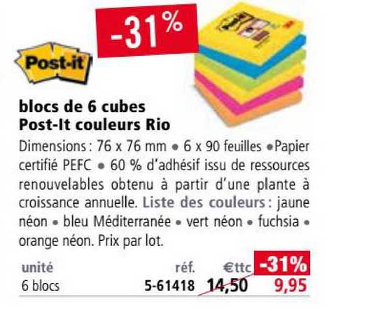 blocs de 6 cubes post-it couleurs rio