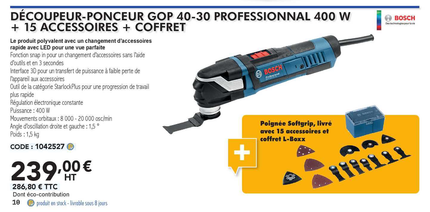 bosch découpeur-ponceur gop 40-30 professionnal 400 w + 15 accessoires + coffret