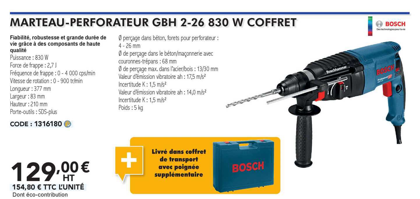 bosch marteau-perforateur gbh 2-26 830 w coffret