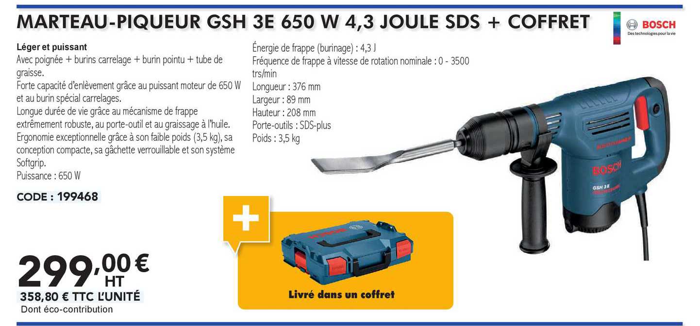 bosch marteau-piqueur gsh 3e 650 w 4.3 joule sds + coffret