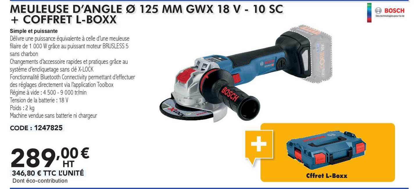 bosch meuleuse d'angle Ø 125 mm gmx 18 v - 10 sc + coffret l-boxx