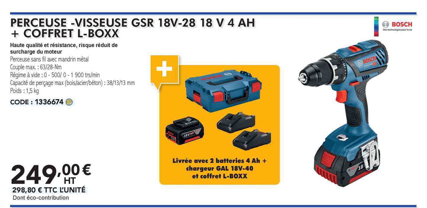 bosch perceuse-visseuse gsr 18v-28 18 v 4 ah + coffret l-boxx