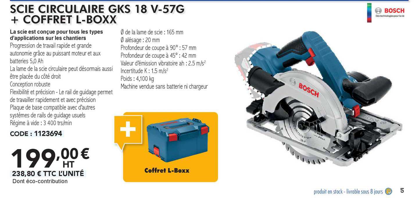 bosch scie circulaire gks 18 v-57g + coffret l-boxx