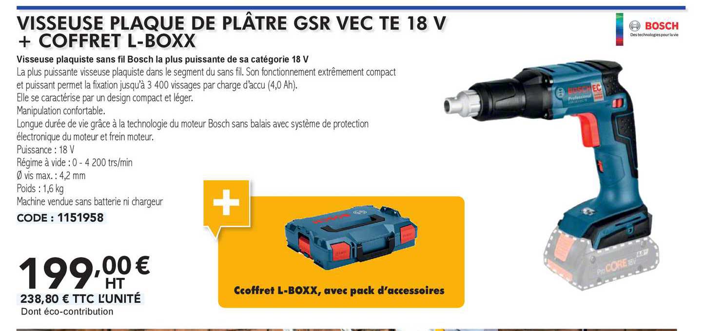 bosch visseuse plaque de plâtre gsr vec te 18 v + coffret l-boxx
