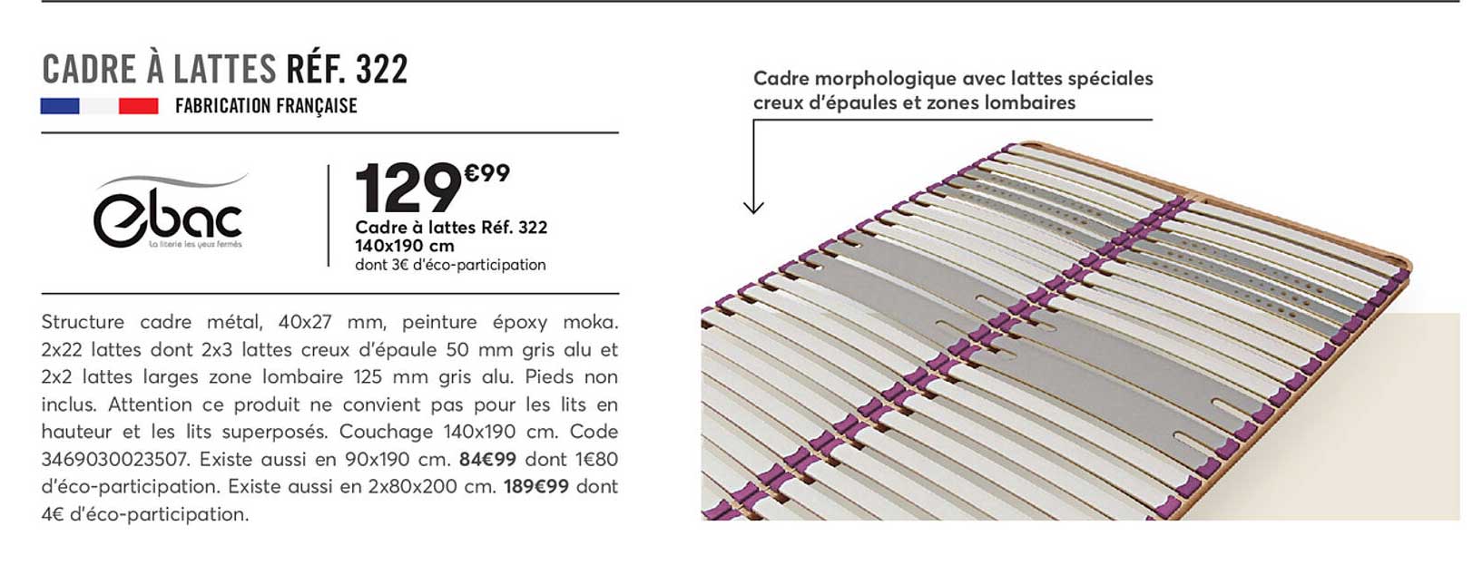 cadre a lattes 140x190 cm ebac