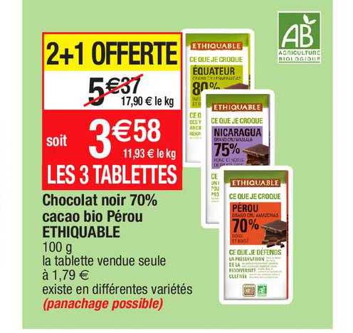 Chocolat Noir 70% Cacao Bio Pérou éthiquable
