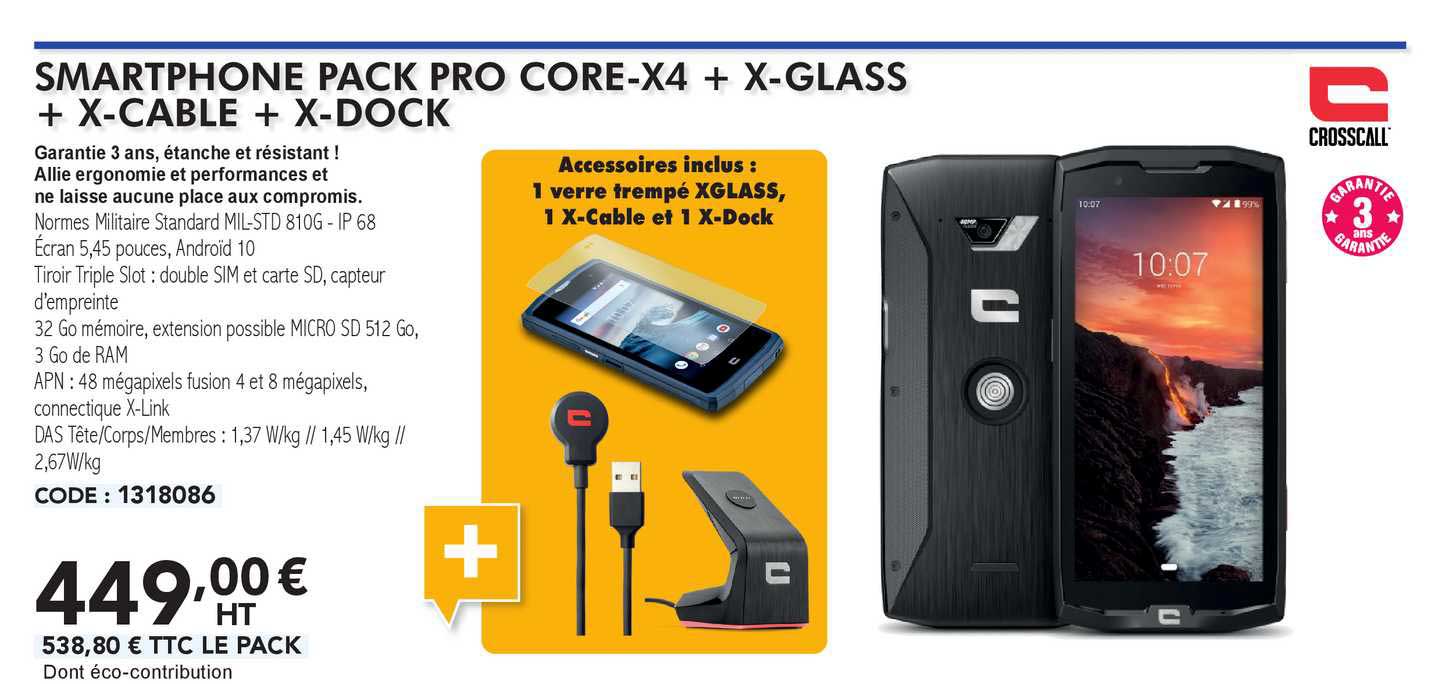 Crosscall Smartphone Pack Pro Core-x4 + X-glass + X-cable + X-dock