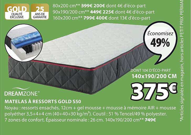 dreamzone matelas à ressorts gold s50