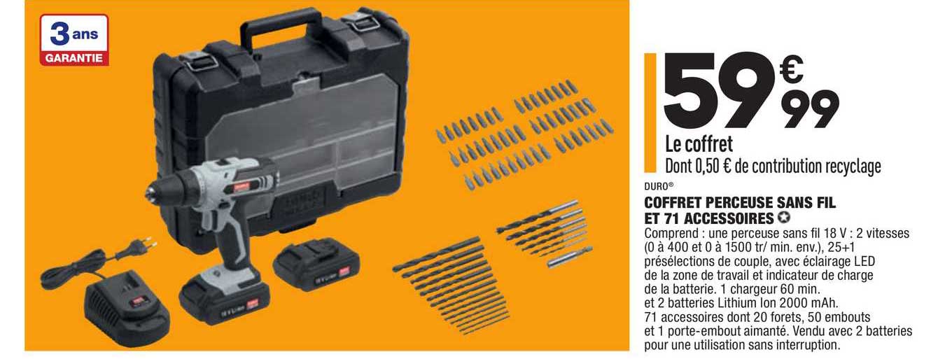 duro coffret perceuse sans fil et 71 accessoires