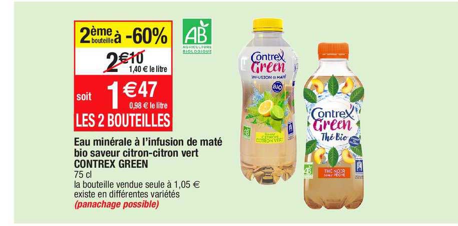 eau minérale à l'infusion de maté bio saveur citron-citron vert contrex green
