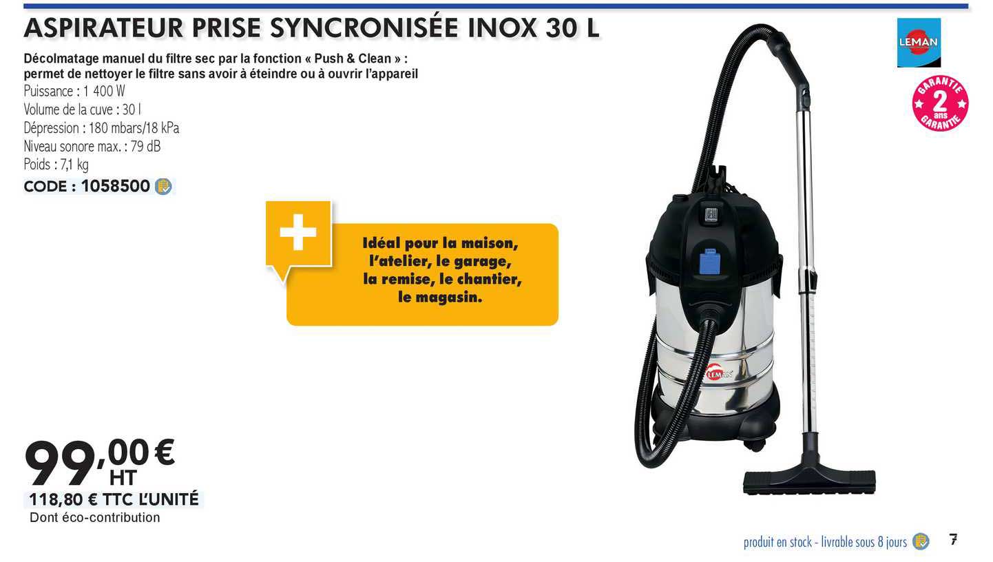 leman aspirateur prise synchronisée inox 30 l