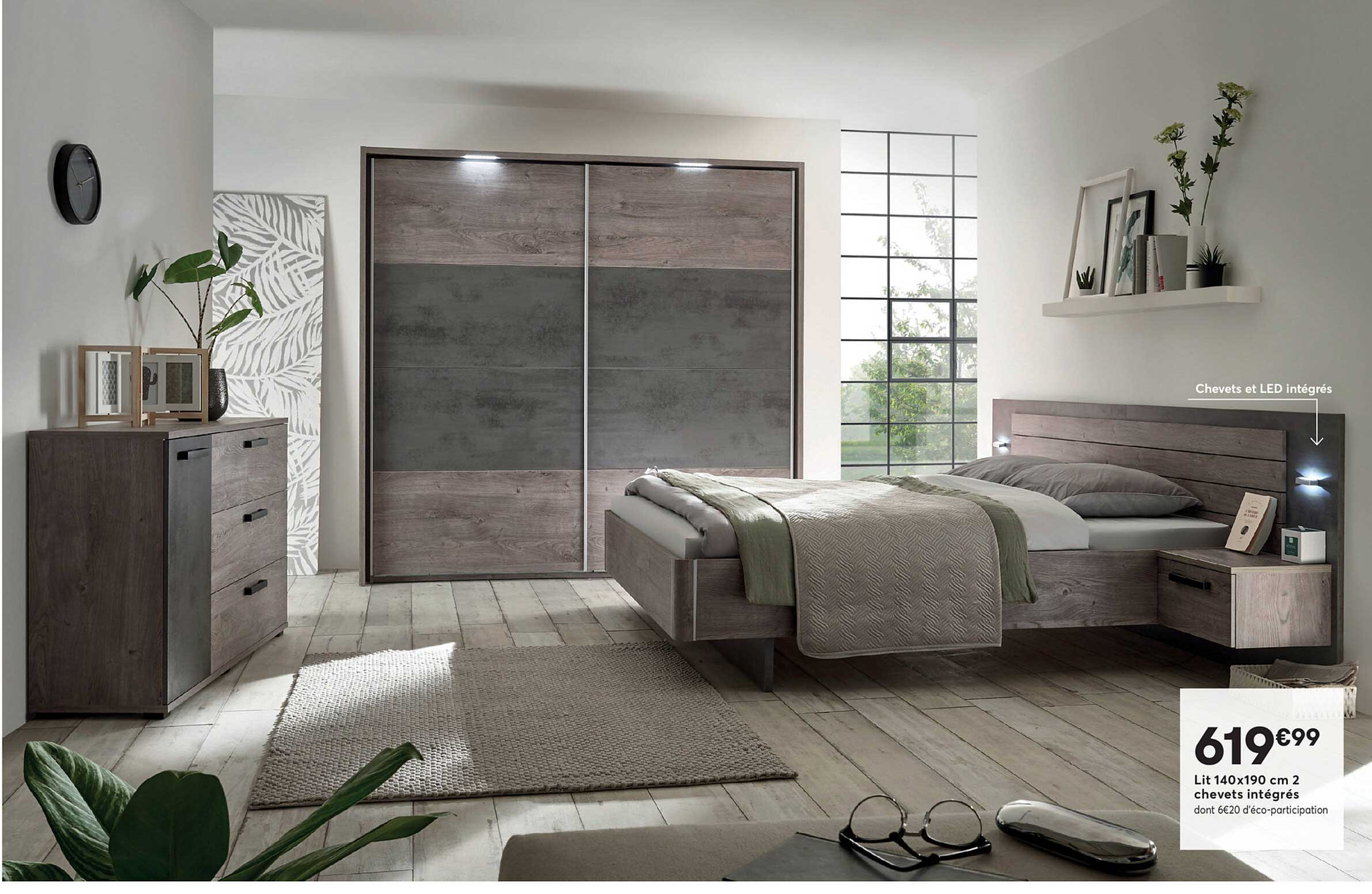 lit 140 x 190 cm 2 chevets intégrés
