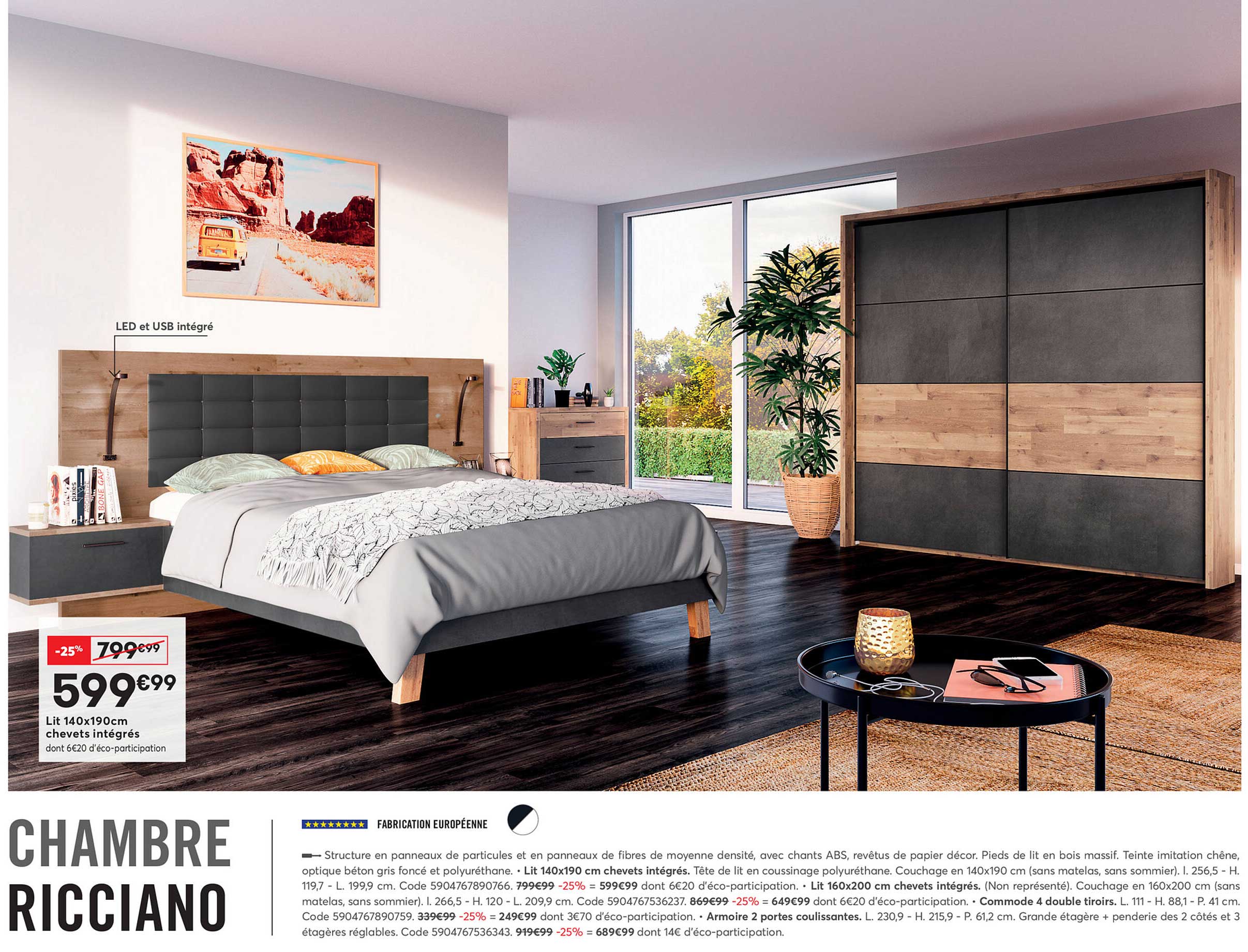 lit 140 x 190 cm chevets intégrés