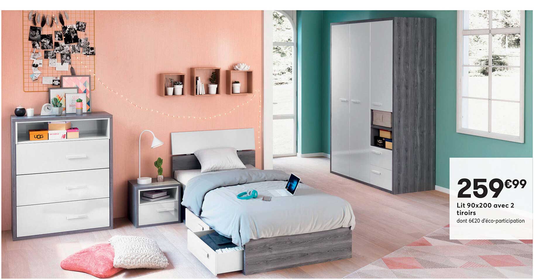 lit 90x200 avec 2 tiroirs