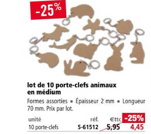 lot de 10 porte-clefs animaux en médium