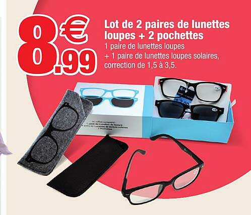 lot de 2 paires de lunettes loupes + 2 pochettes