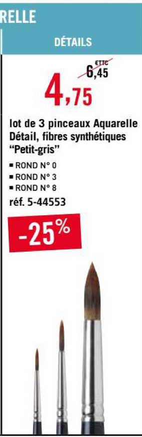 lot de 3 pinceaux aquarelle détail, fibres synthétiques "petit-gris"
