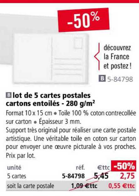lot de 5 cartes postales cartons entoilés 280 g-m2