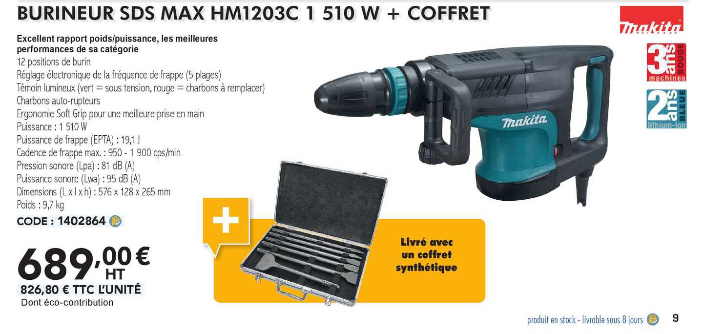 makita burineur sds max hm1203c 510 w + coffret