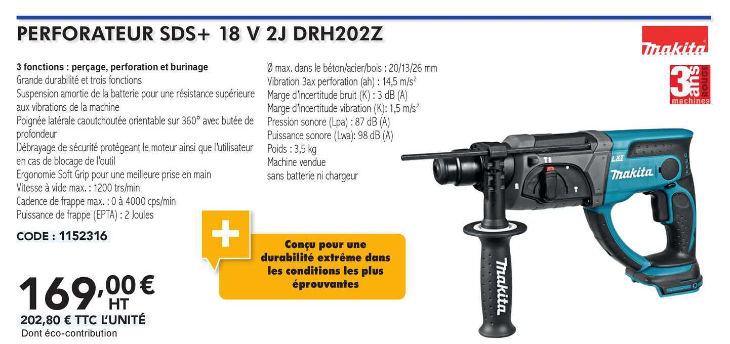 makita perforateur sds+ 18 v 2j drh202z