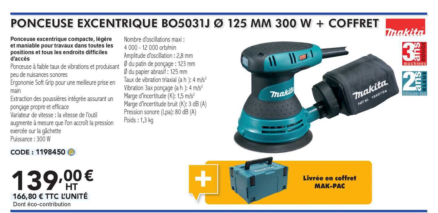 makita ponceuse excentrique b05031j Ø 125 mm 300 w + coffret