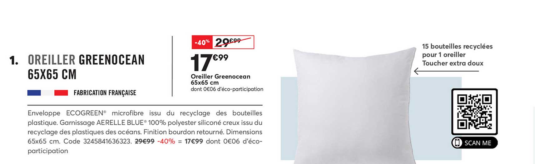oreiller greenocean 65x65 cm