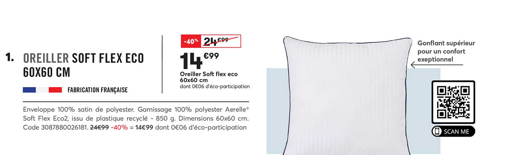 oreiller soft flex eco 60x60 cm
