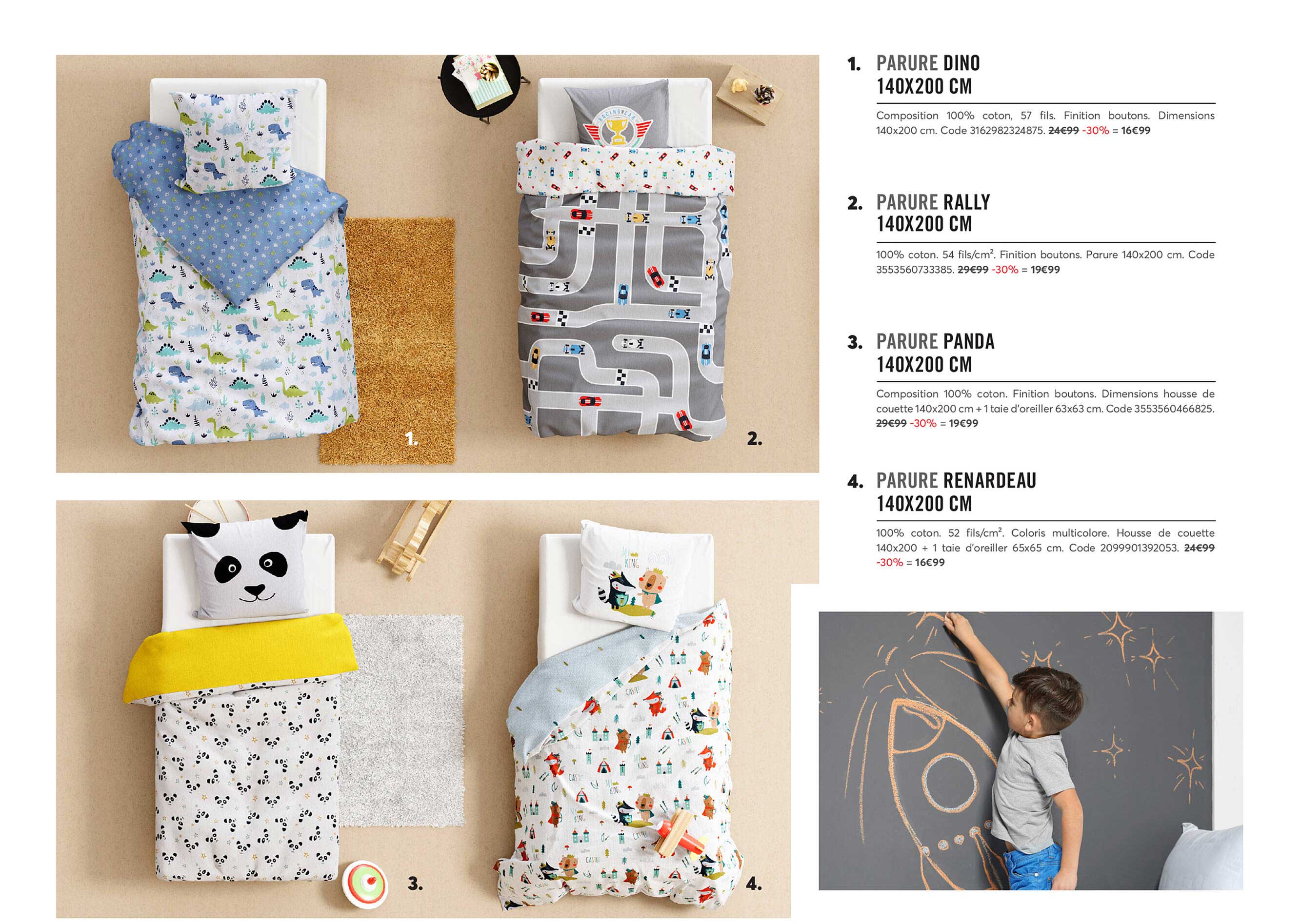 parure dino 140x200 cm, parure rally 140x200 cm, parure panda 140x200 cm, parure renardeau 140x200 cm