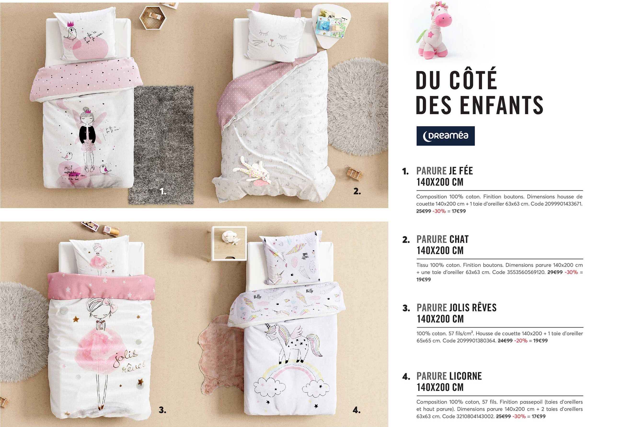 parure je fee 140x200 cm, parure chat 140x200 cm, parure jolis reves 140x200 cm, parure licorne 140x200 cm