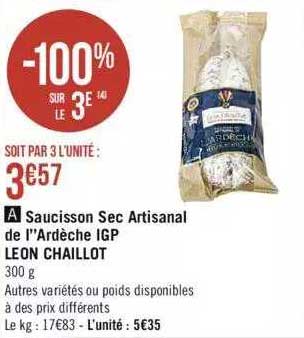 saucisson sec artisanal de l'ardèche igp léon chaillot