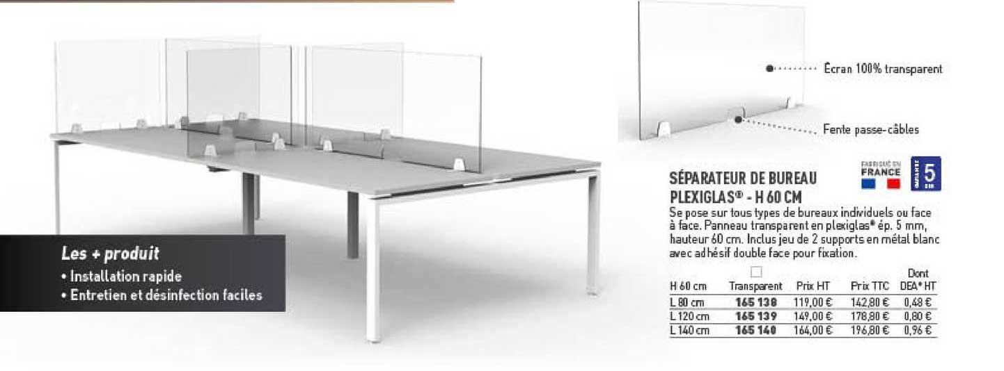 séparateur de bureau plexiglas - h 60 cm