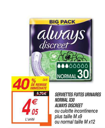 serviettes fuites urinaires normal x30 always discret