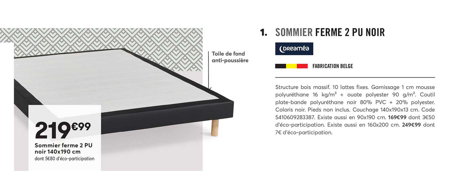 sommier ferme 2 pu noir 140x190 cm