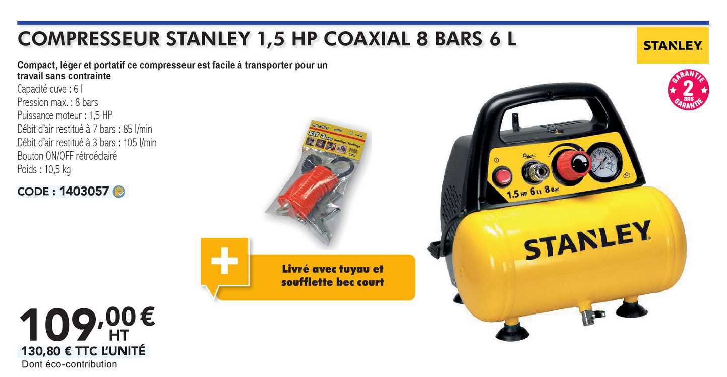 stanley compresseur stanley 1.5 ho coaxial 8 bars 6 l
