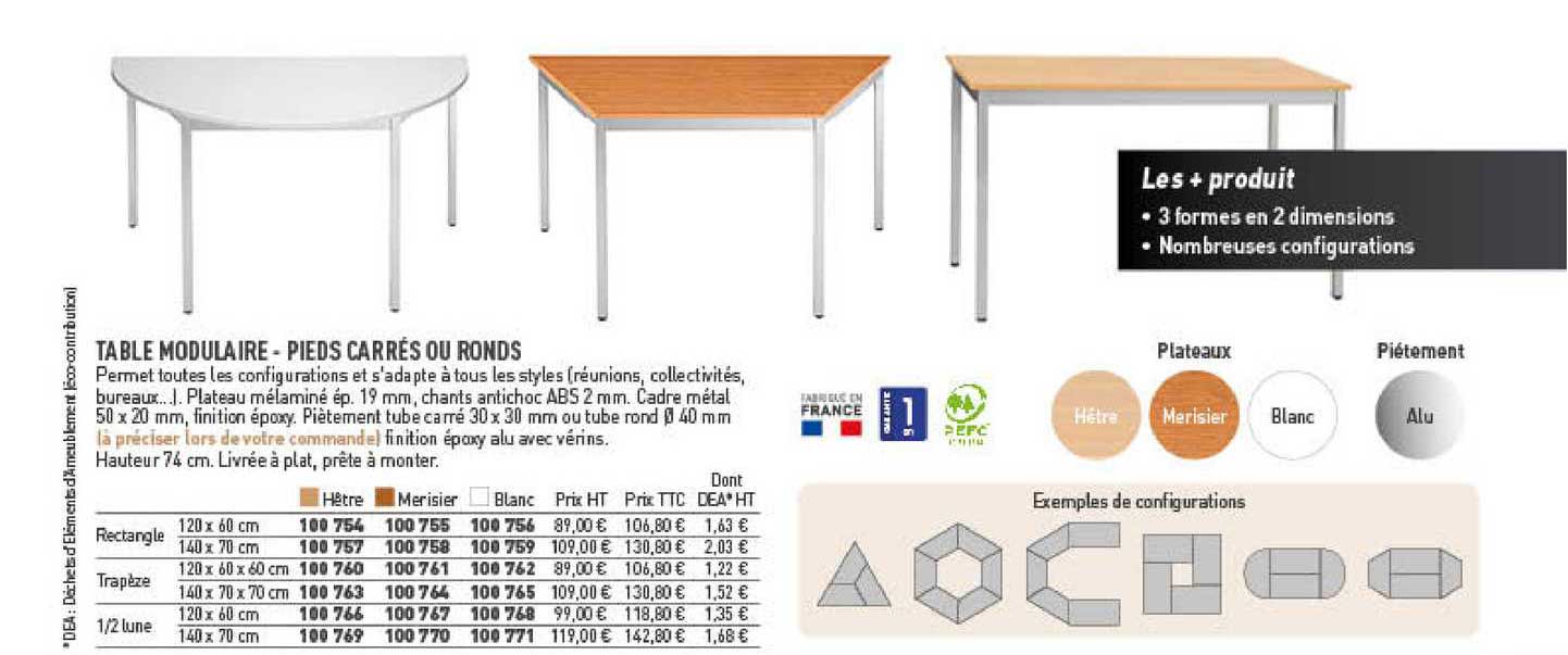 table modulaire - pieds carrés ou ronds