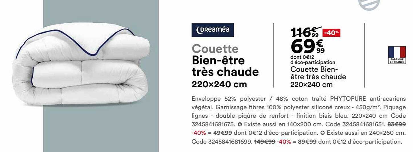 couette bien-être très chaude 220 x 240 cm dreaméa