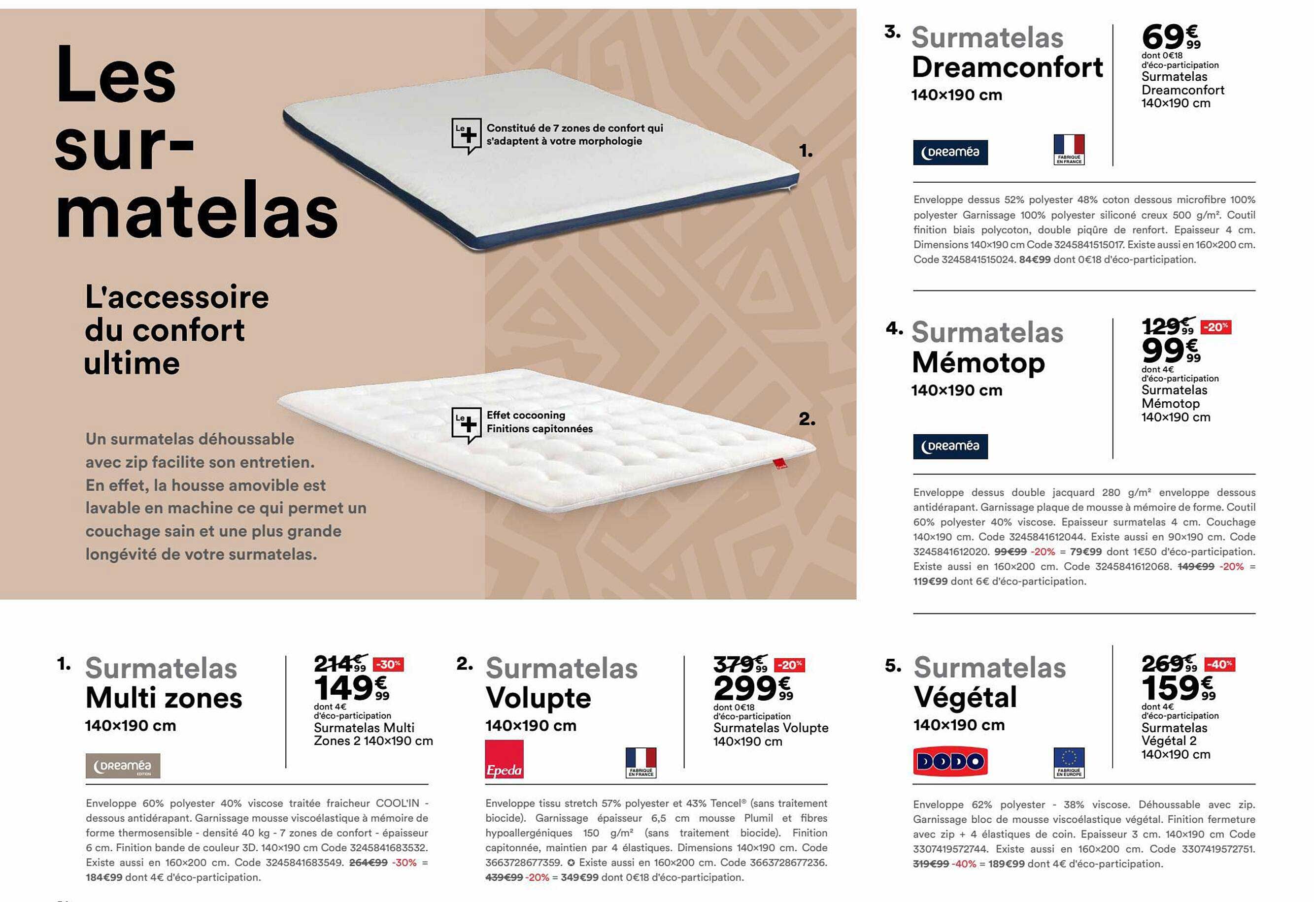 surmatelas multi zones 140 x 190 cm, surmatelas volupte 140 x 190 cm, surmatelas végétal 140 x 190 cm, surmatelas mémotop 140 x 190 cm, surmatelas dreamconfort 140 x 190 cm