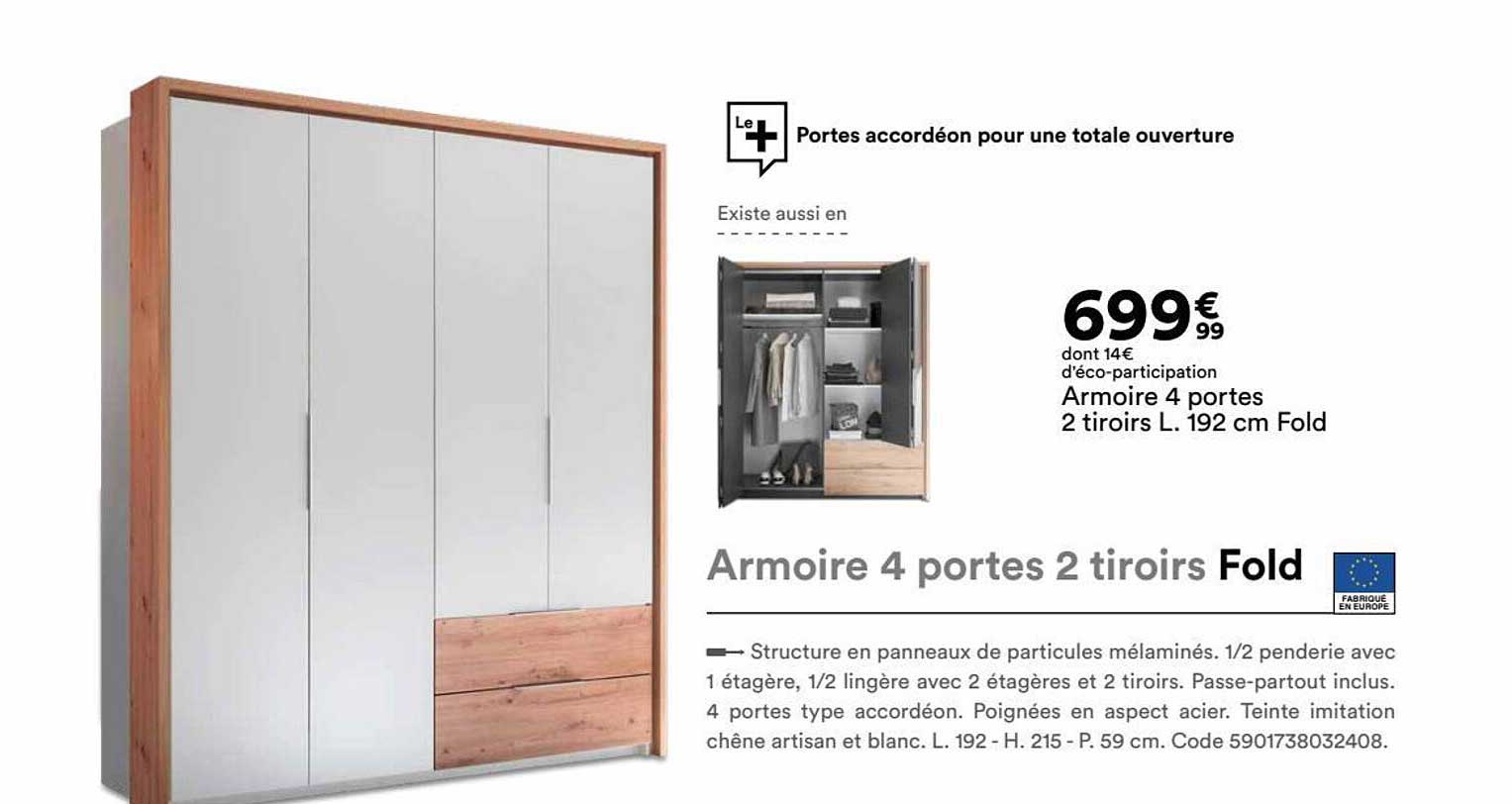 armoire 4 portes 2 tiroirs l. 192 cm fold