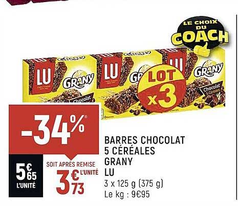 barres chocolat 5 céréales grany lu