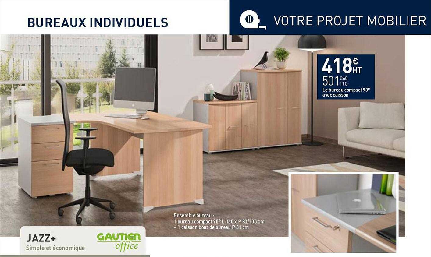 bureau compact 90° avec caisson
