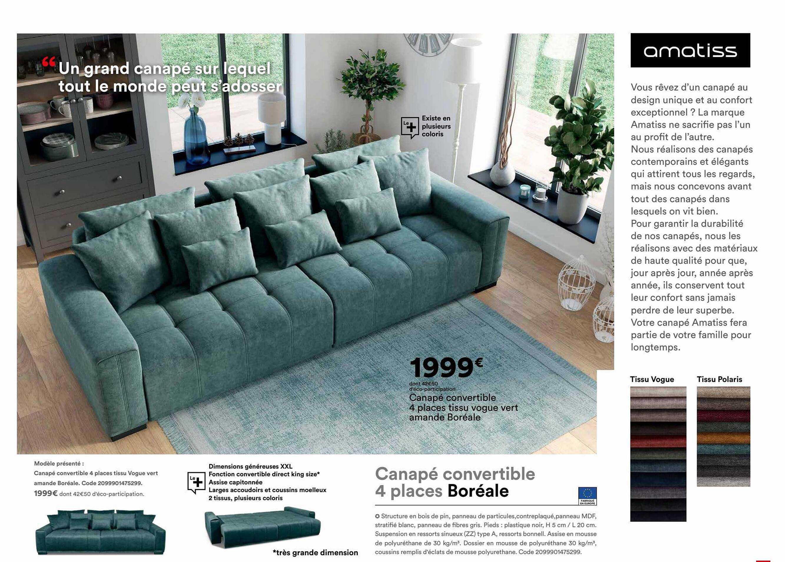 Canapé Convertible 4 Places Tissu Vogue Vert Amande Boréale