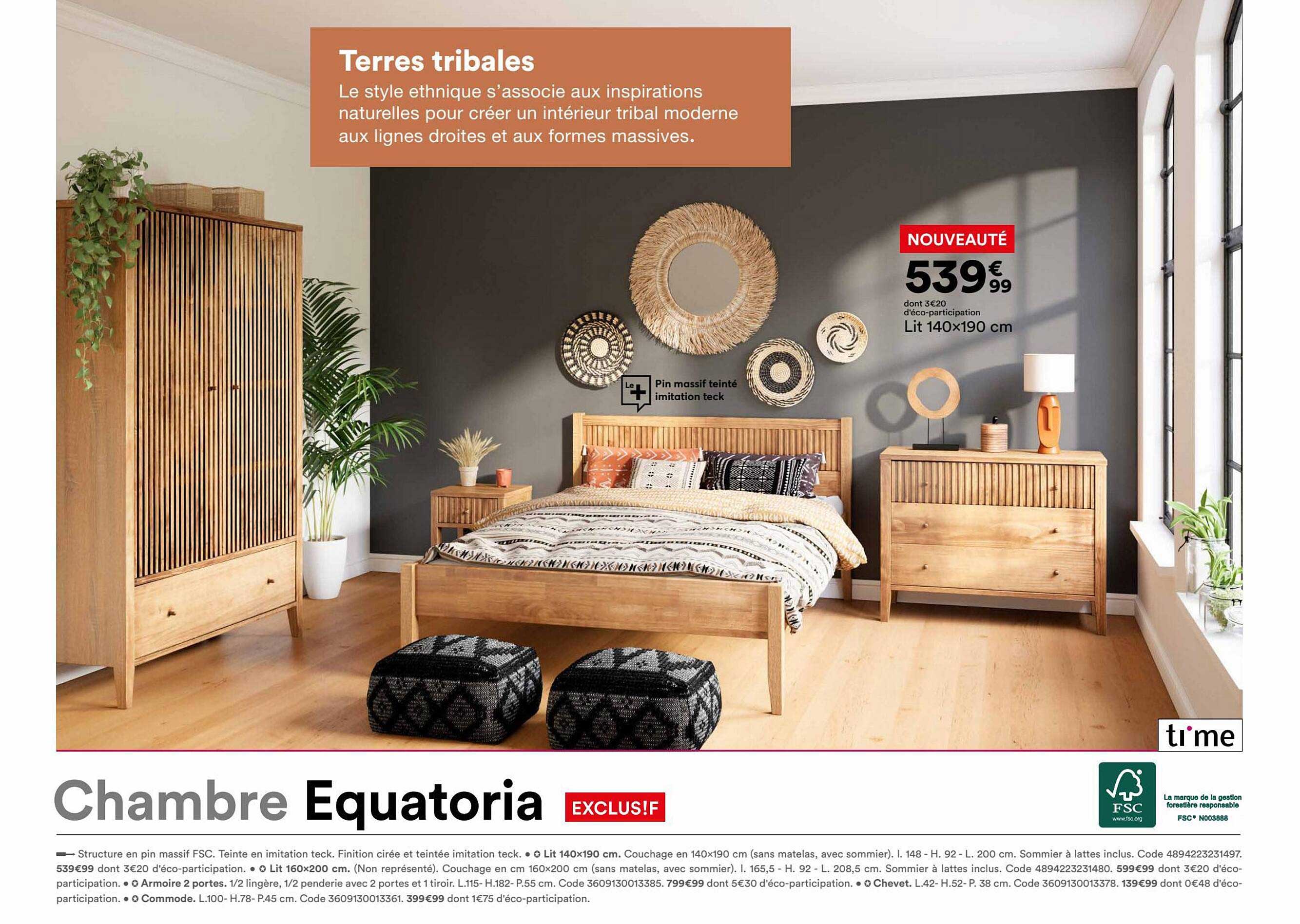 chambre equatoria : lit 140 x 190 cm time