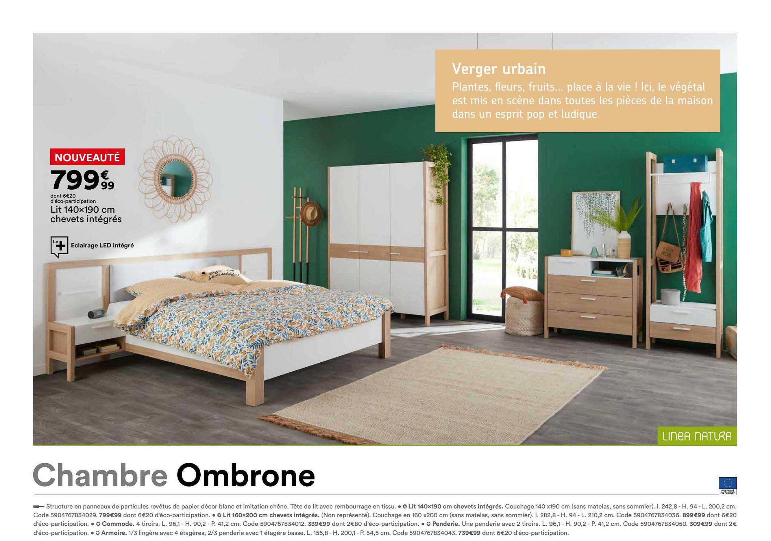 chambre ombrone : lit 140 x 190 cm chevets intégrés linea natura
