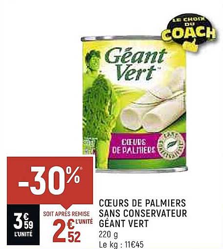 cœurs de palmiers sans conservateur géant vert