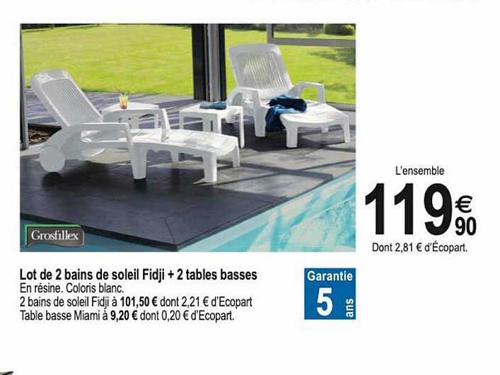 lot de 2 bains de soleil fidji + 2 tables basses grosfillex